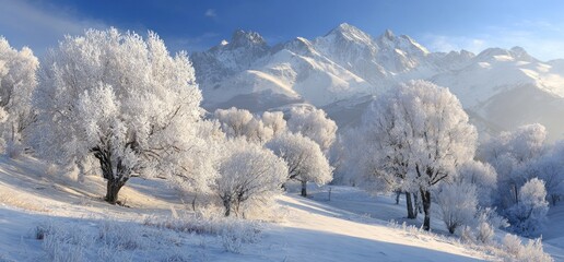 A snowy landscape features frost-covered trees on a gentle hillside in front of towering mountains under a clear blue sky, radiating cold beauty
