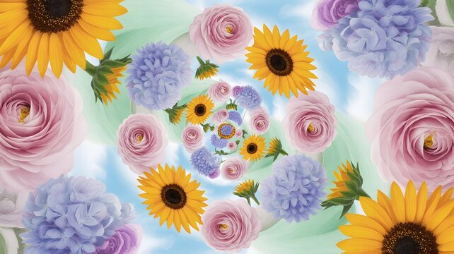 A vibrant and colorful floral kaleidoscope featuring sunflowers, roses, and other flowers arranged in a swirling pattern against a blue and green background