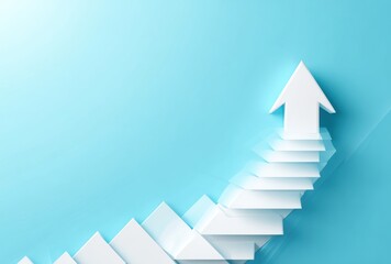 Fototapeta premium A white arrow composed of layered steps points upwards diagonally across a light blue background. The steps fade as they move towards the bottom left
