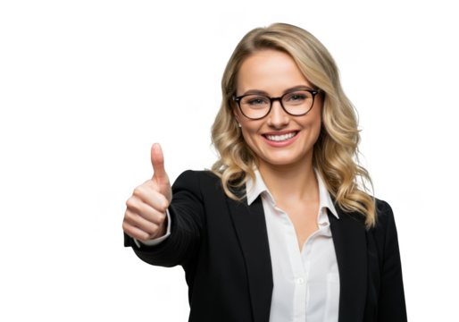 Confident smiling woman with blonde wavy hair giving thumbs up approval transparent background