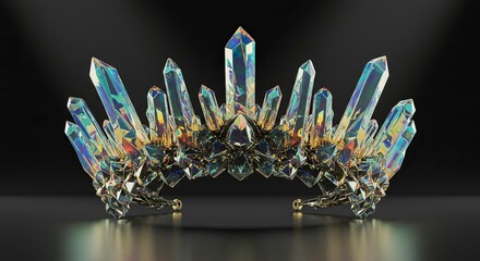 Stunning iridescent crystal crown captivates with prismatic light and intricate golden metalwork, exuding luxury and fantasy for regal occasions or artistic projects