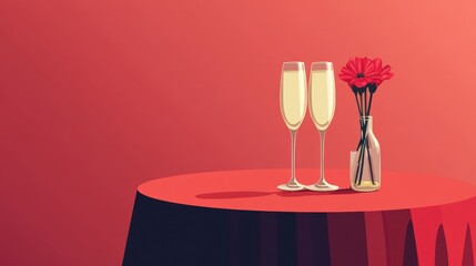 Champagne glasses and flower on table
