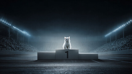 winner cat on podium stage