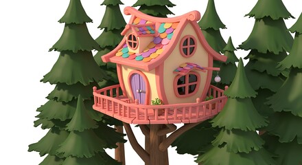 Whimsical pink treehouse nestled amongst green pine trees