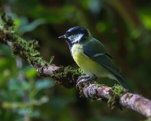 Fototapeta premium Bird on a mossy branch in a forest.