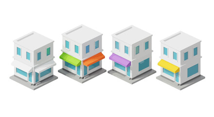 Four isometric small business storefronts with colorful awnings