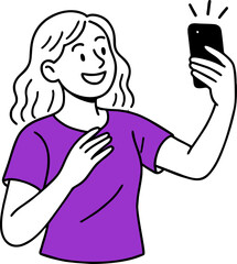  Flat vector design ilustration happy woman with smartphone taking selfie