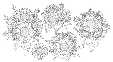 Set of beautiful sunflower bouquets line art illustrations.