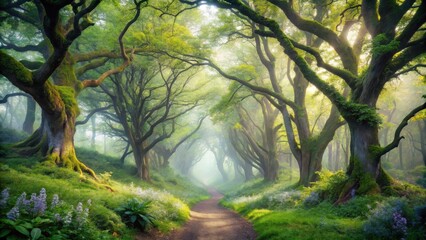 A Mystical Path Through an Ancient Forest of Moss-Covered Trees and Vibrant Spring Flowers, Bathed in the Soft Light of Dawn