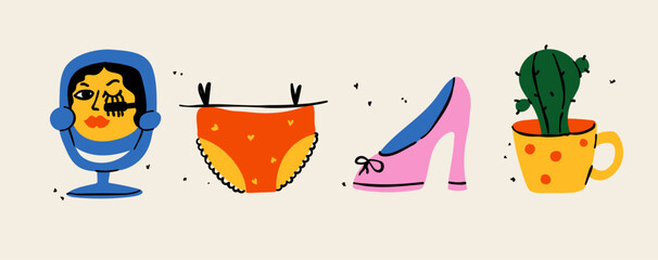 A creative set of hand-drawn illustrations for women's lifestyle projects. This trendy art features charming doodles of fashion and personal care items, perfect for modern branding