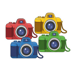 Fototapeta premium Four colorful toy cameras red blue yellow and green set for photography enthusiasts transparent background