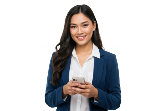 Smiling businesswoman holding a smartphone isolated on transparent background