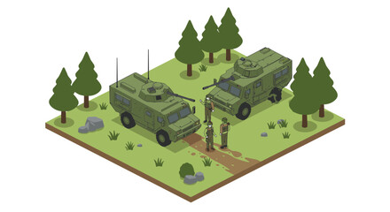 Military vehicles and soldiers in isometric forest scene