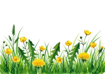 Watercolor Grass with Dandelions, Yellow Buttercups on White Background, Fresh Spring Art