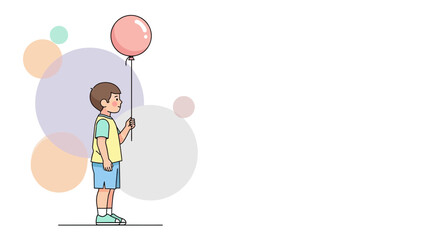 A Child Holding A Pink Balloon, Simple Drawing Style And Colorful Background
