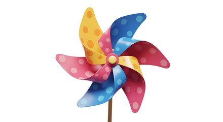 Colorful pinwheel toy with polka dots on white background
