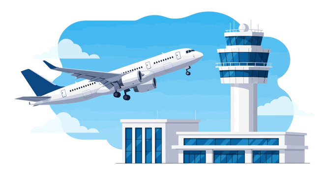 Modern airplane ascending past airport control tower and terminal building under a clear blue sky.