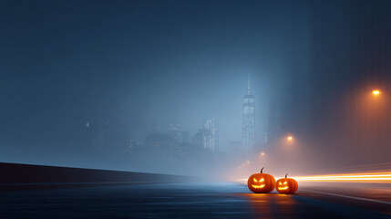 halloween background of pumkin lanterns in city street