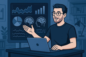 Ai developer works at workspace with laptop explaining ai concepts with graphs and brain diagrams showing programmer focused environment