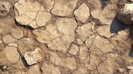 Aerial view of cracked dry earth with stone fragments and soil texture creating a natural pattern