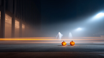 halloween background of pumkin lanterns in city street