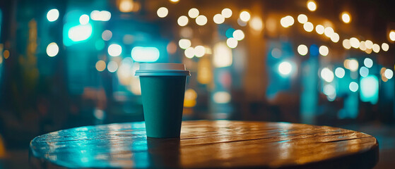 Night scene:  Green to-go cup on wooden table, bokeh lights blur background