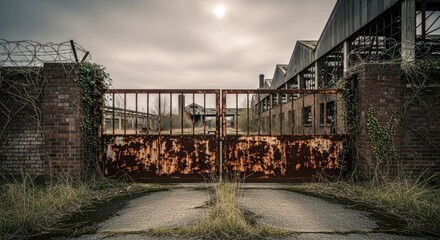 Heavily rusted metal gate blocking the entrance to an abandoned industrial factory complex, flanked by brick walls with barbed wire and overgrown ivy under an overcast, bright sky, depicting .