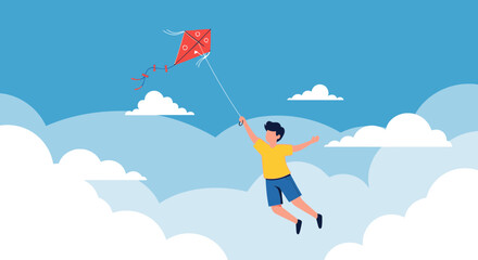 A Joyful Child Flying A Kite Amongst Fluffy Clouds In A Bright Blue Sky