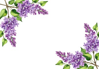 Watercolor lilac blossom branch corner arrangement on a transparent background
