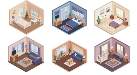 Naklejka premium Isometric room designs: cozy bedroom and living room interiors