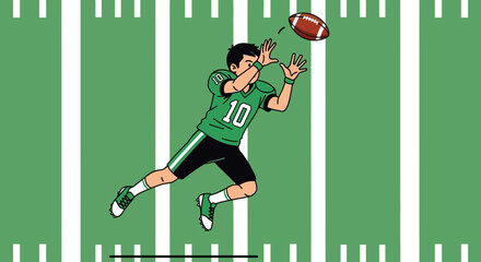 Fototapeta premium American Football Player Jumping to Catch a Pass on a Field with a Green Background