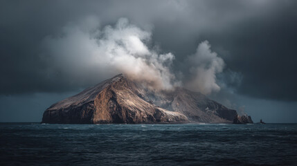Volcanic eruption island ocean landscape photography dramatic atmosphere aerial perspective natural phenomenon