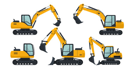 Set of modern flat style yellow excavators in various positions