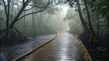 Rain on a Mangrove Boardwalk – Wooden path slick and shining, mangrove roots in mist.