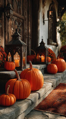 Obraz premium Family decorating house entrance with pumpkins and lanterns in daylight
