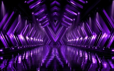 A glossy, reflective corridor lit with purple neon lights creates a tunnel effect with geometric shapes converging towards a distant point