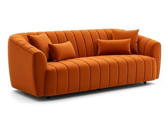 Modern orange velvet sofa with channel tufting and accent pillows, isolated on white background