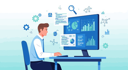Analyst Working With Data Analytics And Charts Displayed On A Computer Monitor System
