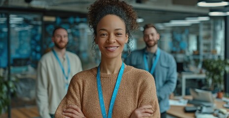 A smiling Black woman with crossed arms stands in an office, two white men behind her. Open-plan workspace with desks and partitions visible