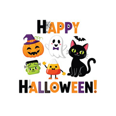 Cute Happy Halloween Spooky Skeleton Pumpkin Trick or Treat Skull and Bat Illustration