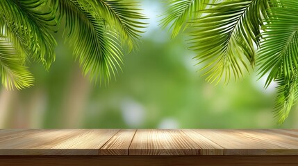 Empty wooden table with palm leaves and blurred green nature background for product display.