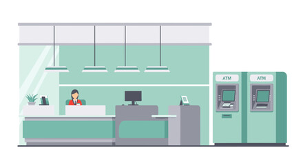 Modern bank interior with teller and atms in flat design