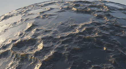 Textured Planet: A sweeping shot showcasing a detailed, textured alien planet with rugged features, showcasing the raw beauty and unknown landscapes of a distant world. 