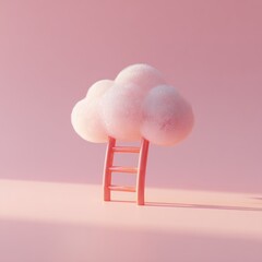 A pastel pink scene shows a fluffy cloud with a pink ladder leaning against it, suggesting dreams, ascent, or aspirations