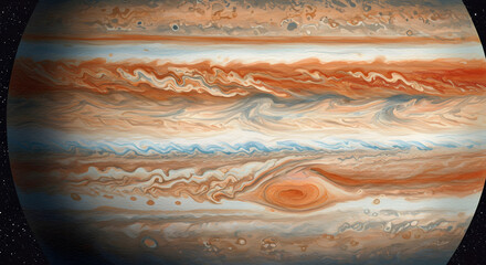 Jupiter's Magnificent Swirls: A high-definition depiction of the planet Jupiter, showcasing its vibrant, swirling atmospheric patterns and the iconic Great Red Spot.