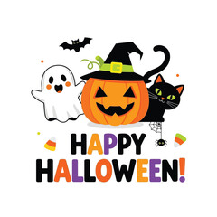 Cute Happy Halloween Spooky Skeleton Pumpkin Trick or Treat Skull and Bat Illustration