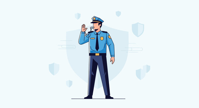A Policeman Using A Whistle and Gesturing With His Hand in A Digital Illustration