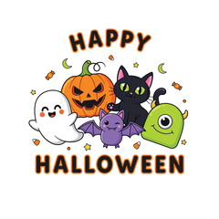 Fototapeta premium Cute Happy Halloween Spooky Skeleton Pumpkin Trick or Treat Skull and Bat Illustration