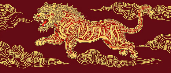 Ornate golden tiger leaping amidst stylized clouds on a maroon background