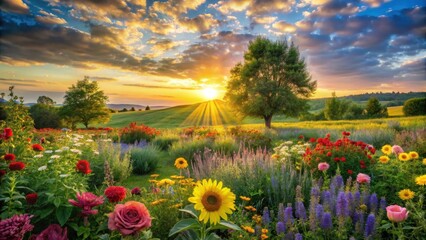 Fototapeta premium Serene Sunset over a Vibrant Meadow of Blossoming Flowers and a Majestic Tree